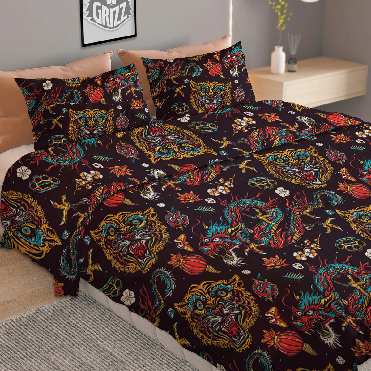 Tigers And Dragons Colorful Tattoo Print Pattern Duvet Cover Bedding Set - Image 2