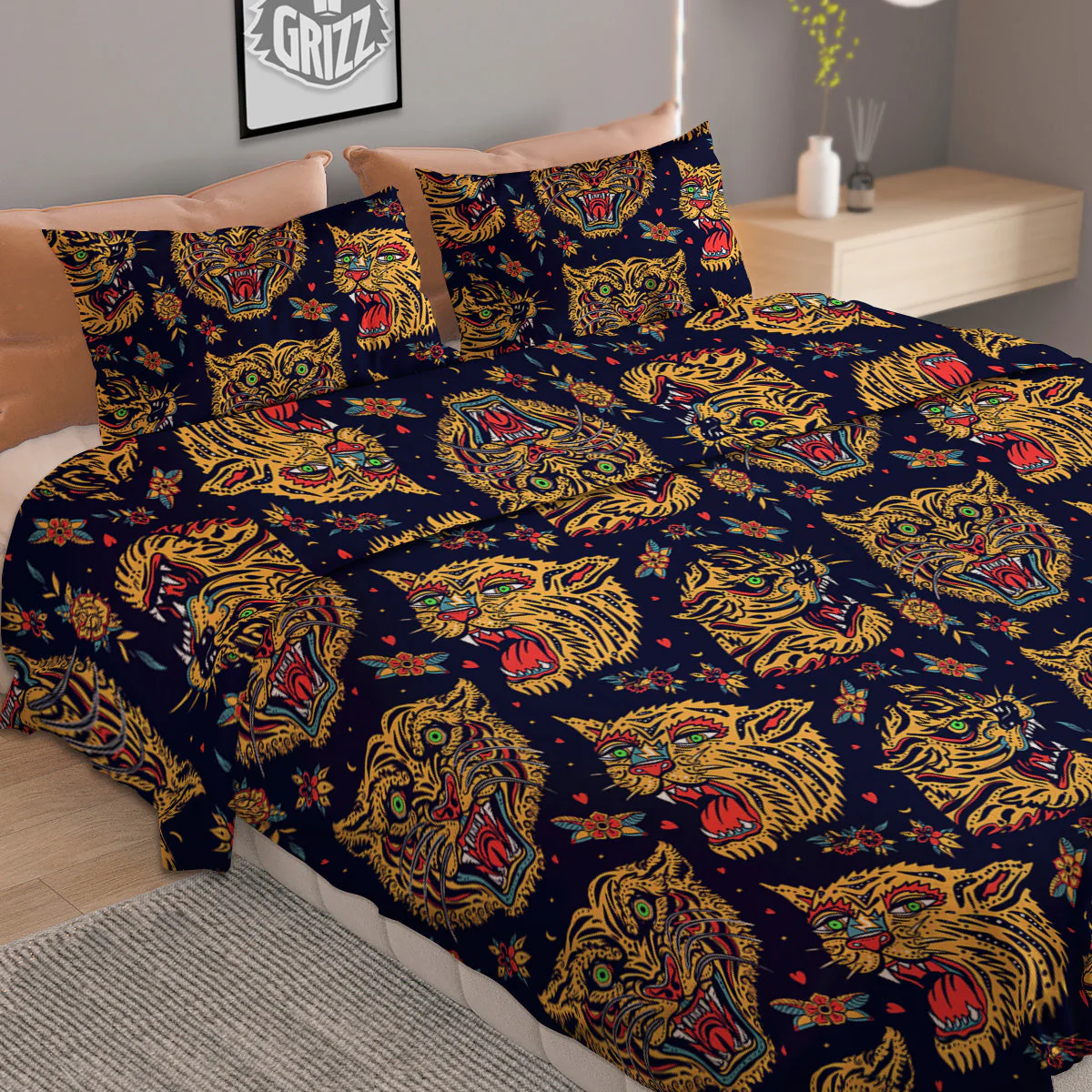 Tigers Head Tattoo Print Pattern Duvet Cover Bedding Set - Image 2