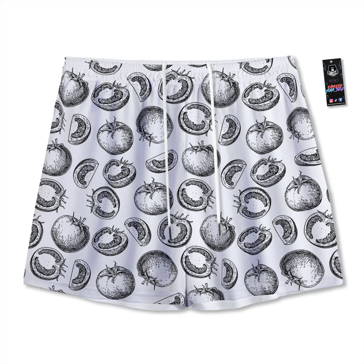 Tomato Hand Drawn Print Pattern Mesh Shorts