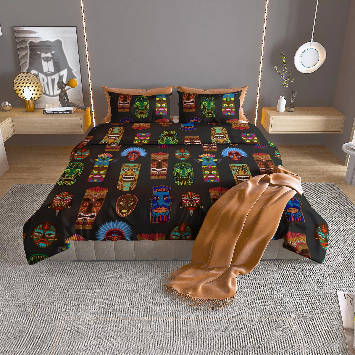 Totem Tiki Print Pattern Duvet Cover Bedding Set