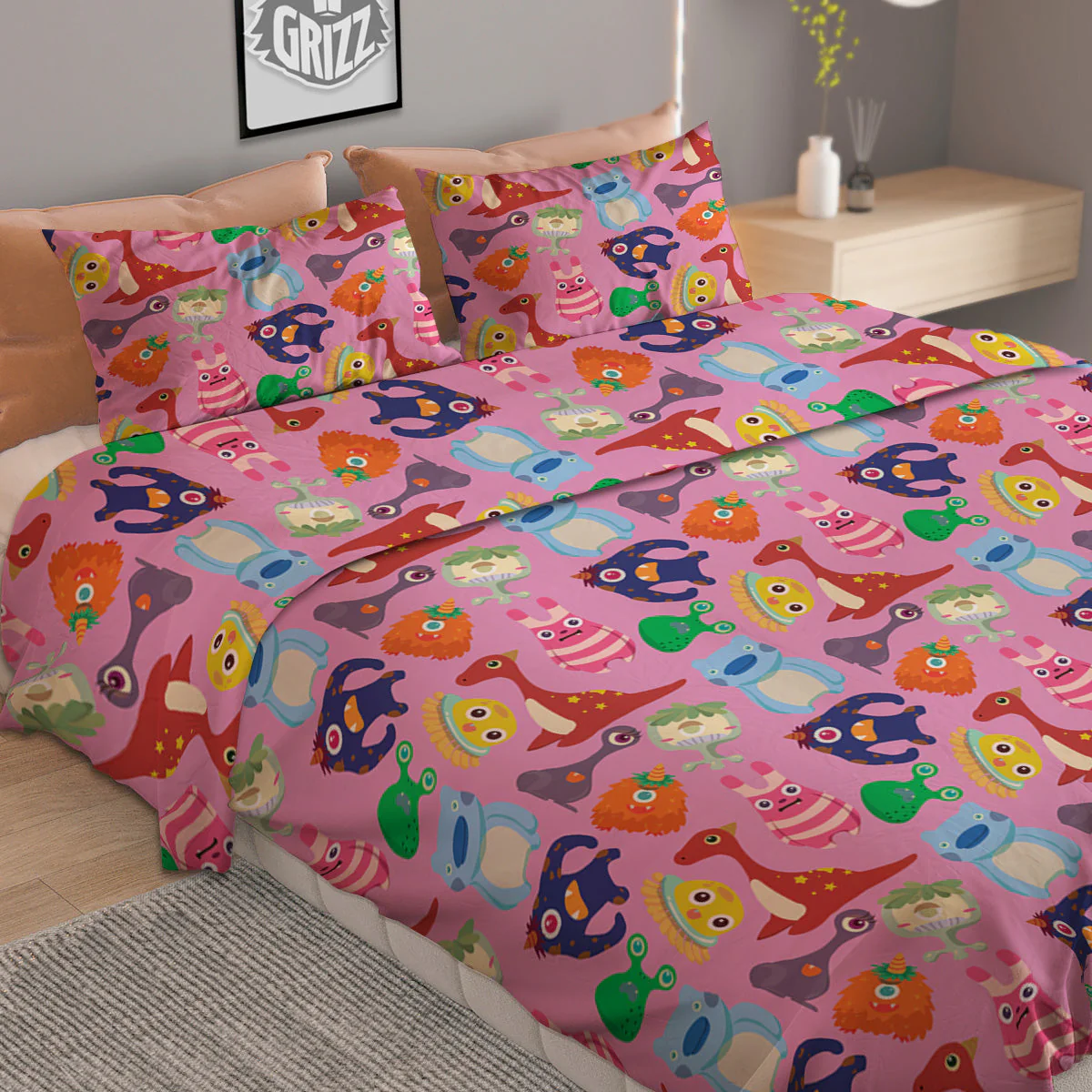 Toy Monster Cute Pink Print Pattern Duvet Cover Bedding Set - Image 2