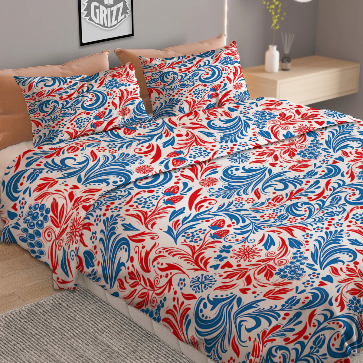 Traditional Khokhloma Red And Blue Print Pattern Duvet Cover Bedding Set - Image 2