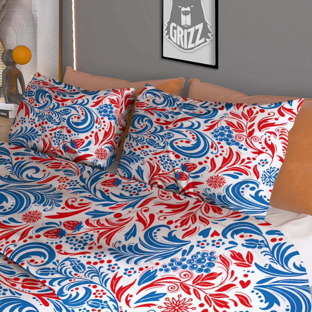 Traditional Khokhloma Red And Blue Print Pattern Duvet Cover Bedding Set - Image 3