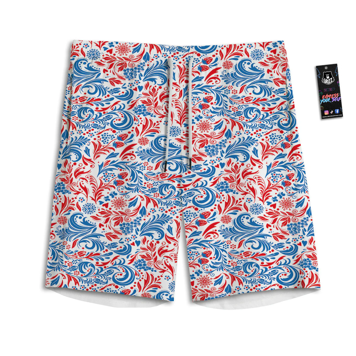Traditional Khokhloma Red And Blue Print Pattern Men's Athletic Shorts