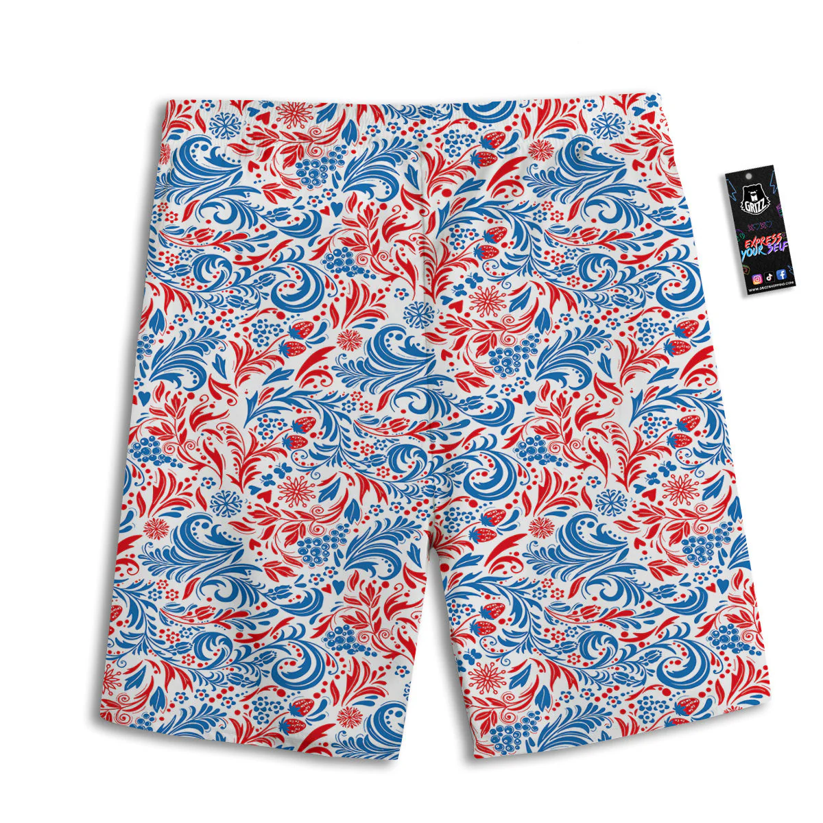 Traditional Khokhloma Red And Blue Print Pattern Men's Athletic Shorts - Image 2
