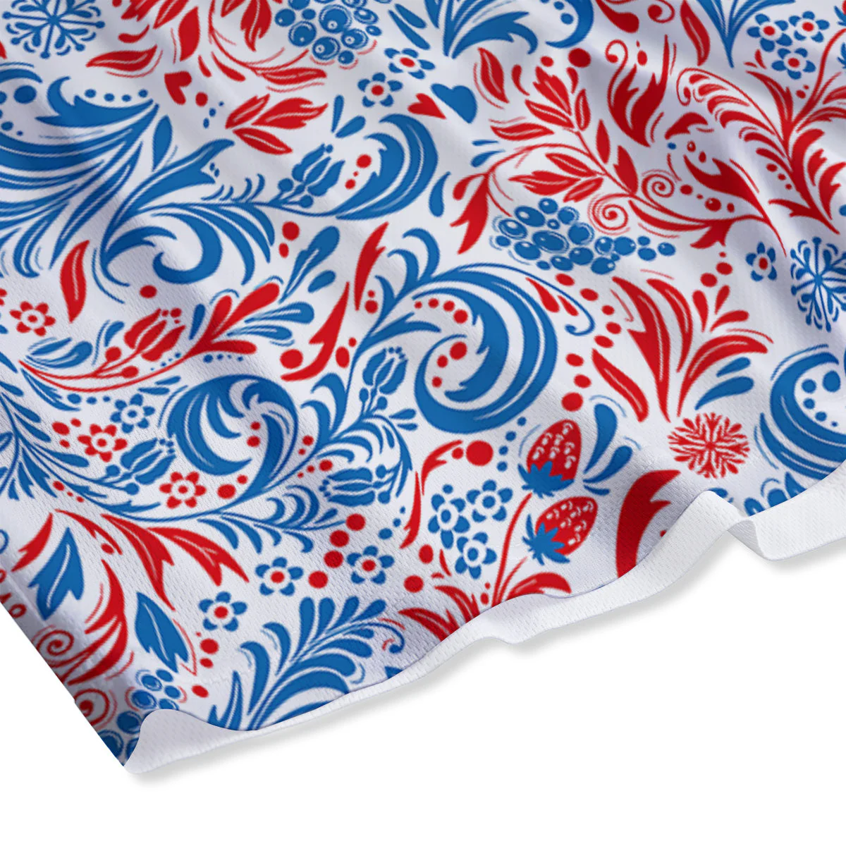 Traditional Khokhloma Red And Blue Print Pattern Mesh Shorts - Image 4