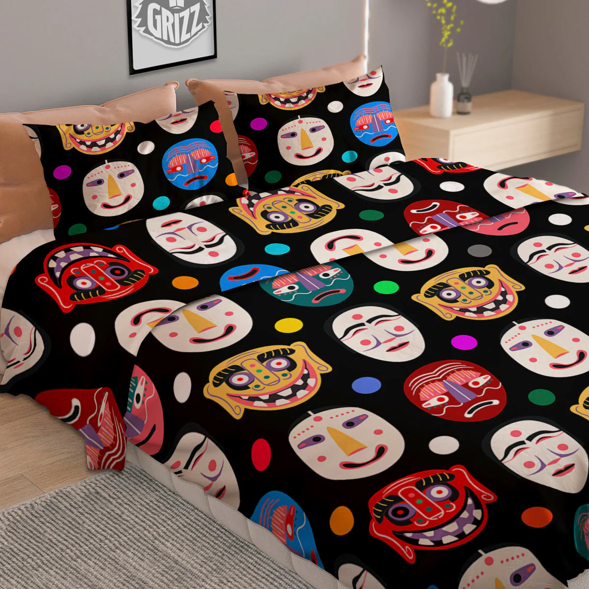 Traditional Korean Masks Print Pattern Duvet Cover Bedding Set - Image 2