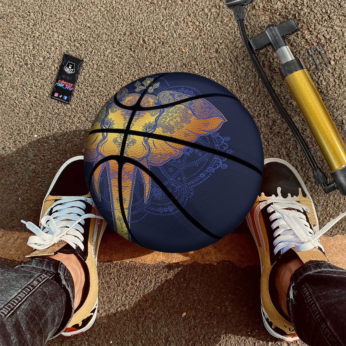 Tribal Elephant Gold And Blue Print Basketball - Image 2