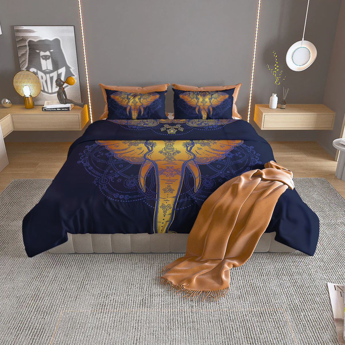 Tribal Elephant Gold And Blue Print Duvet Cover Bedding Set