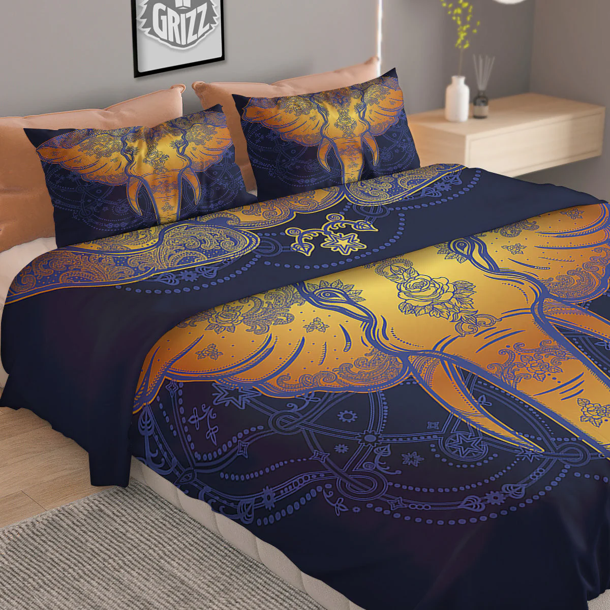 Tribal Elephant Gold And Blue Print Duvet Cover Bedding Set - Image 2