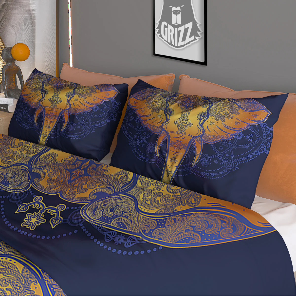 Tribal Elephant Gold And Blue Print Duvet Cover Bedding Set - Image 3