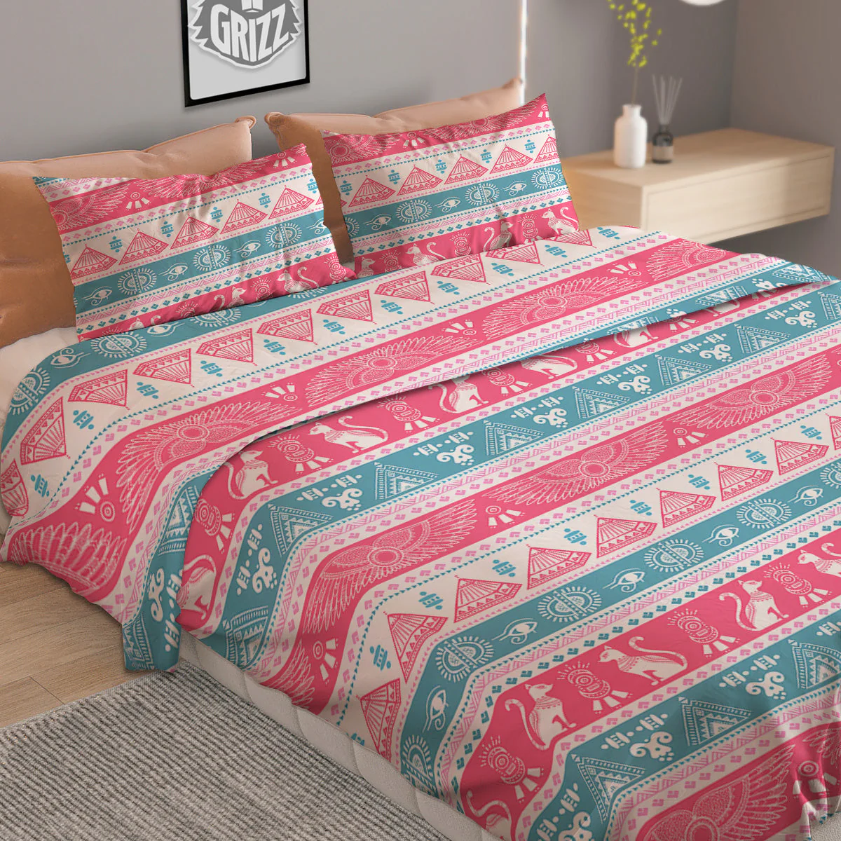 Tribal Ethnic Pink Blue Egypt Print Pattern Duvet Cover Bedding Set - Image 2