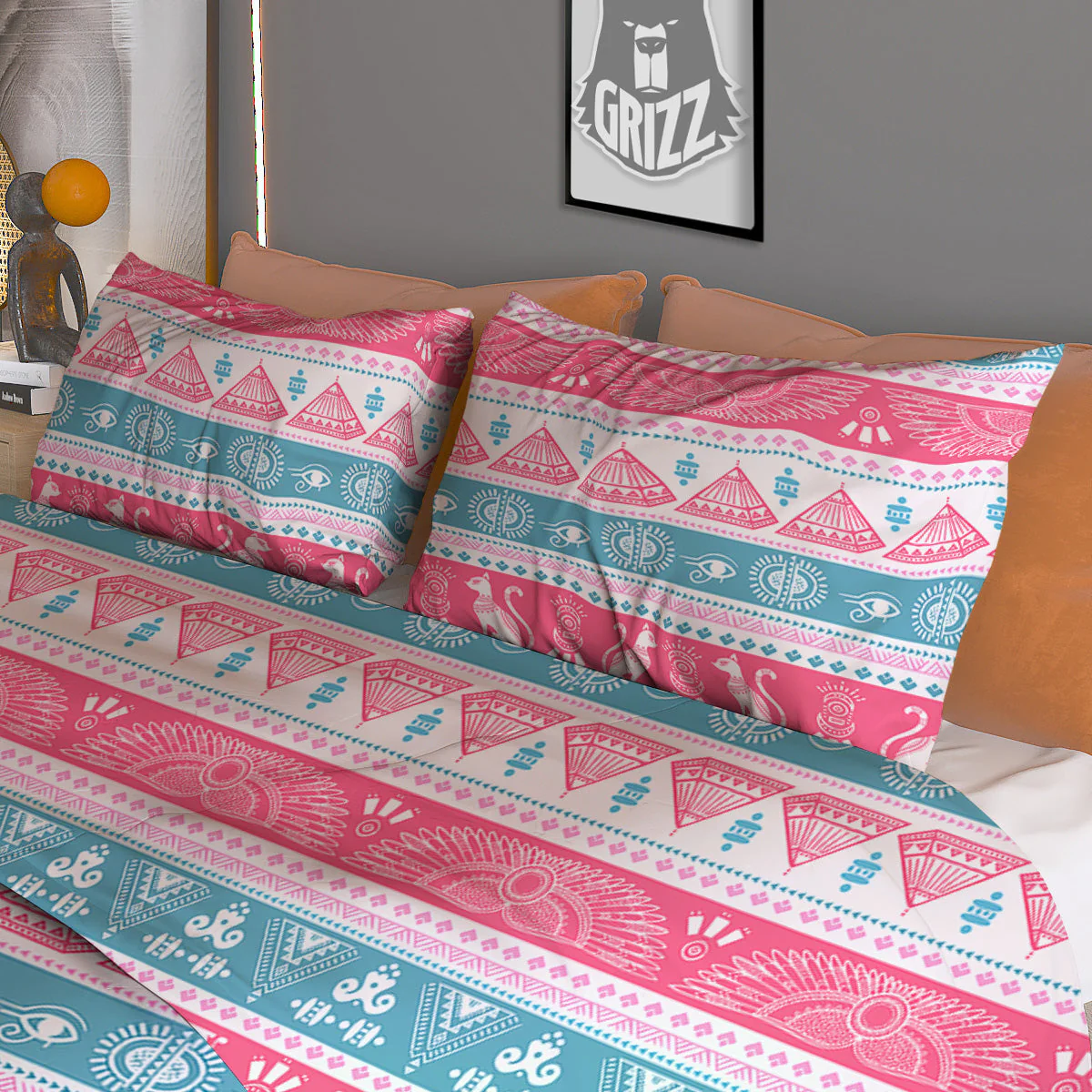 Tribal Ethnic Pink Blue Egypt Print Pattern Duvet Cover Bedding Set - Image 3