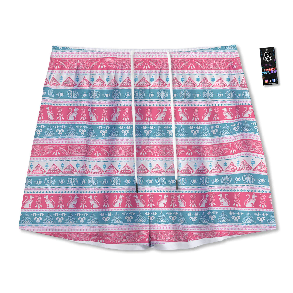 Tribal Ethnic Pink Blue Egypt Print Pattern Mesh Shorts