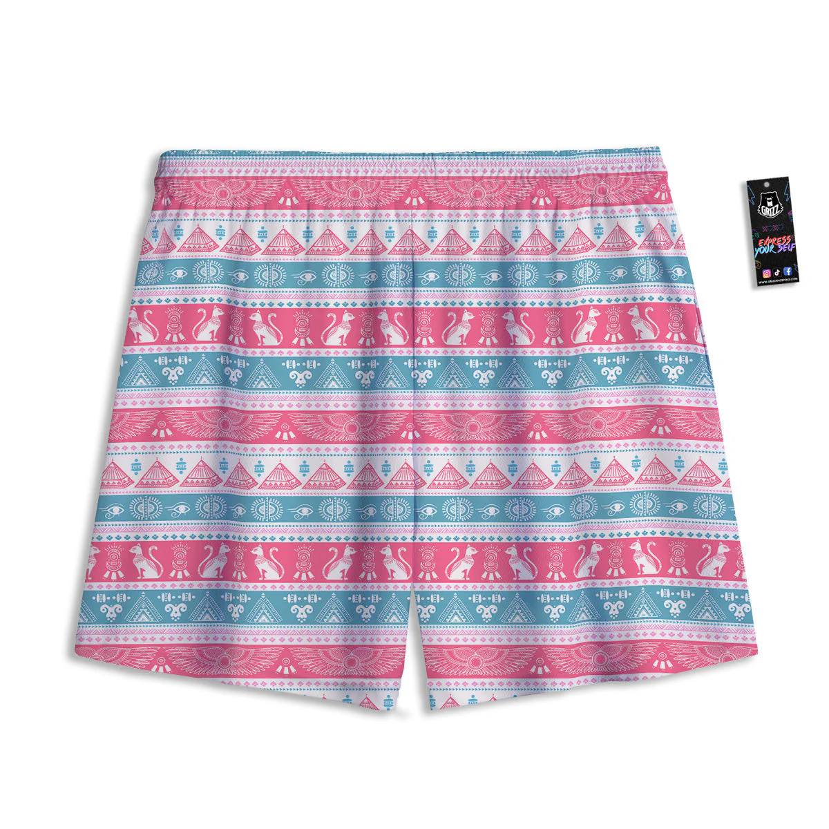 Tribal Ethnic Pink Blue Egypt Print Pattern Mesh Shorts - Image 2