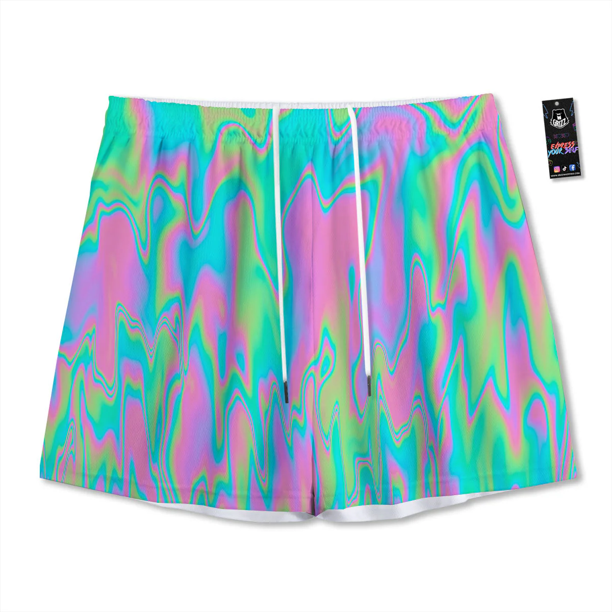 Trippy Abstract Holographic Print Mesh Shorts