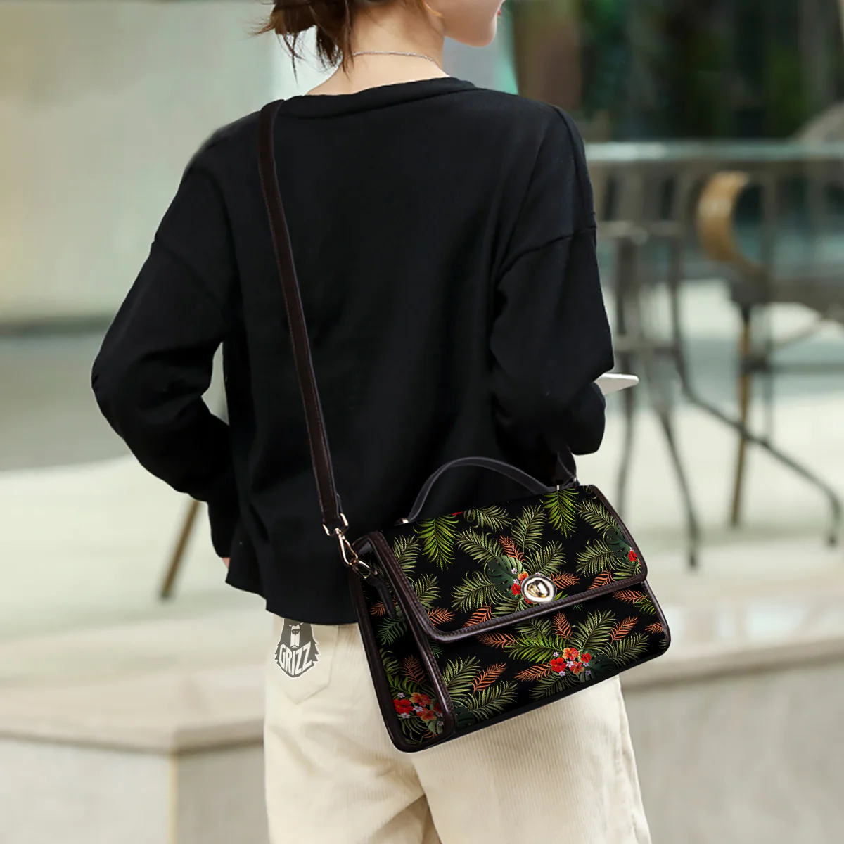 Tropical Black Hawaii Print Pattern Women's Satchel Bag - Image 3