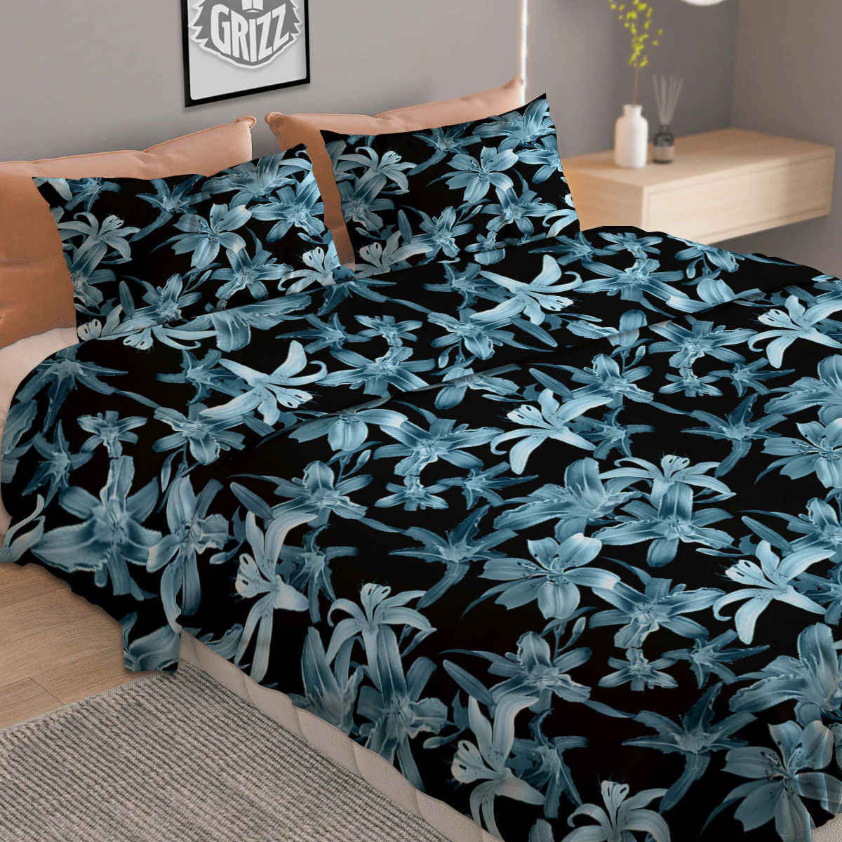 Tropical Blossom Blue Print Pattern Duvet Cover Bedding Set - Image 2