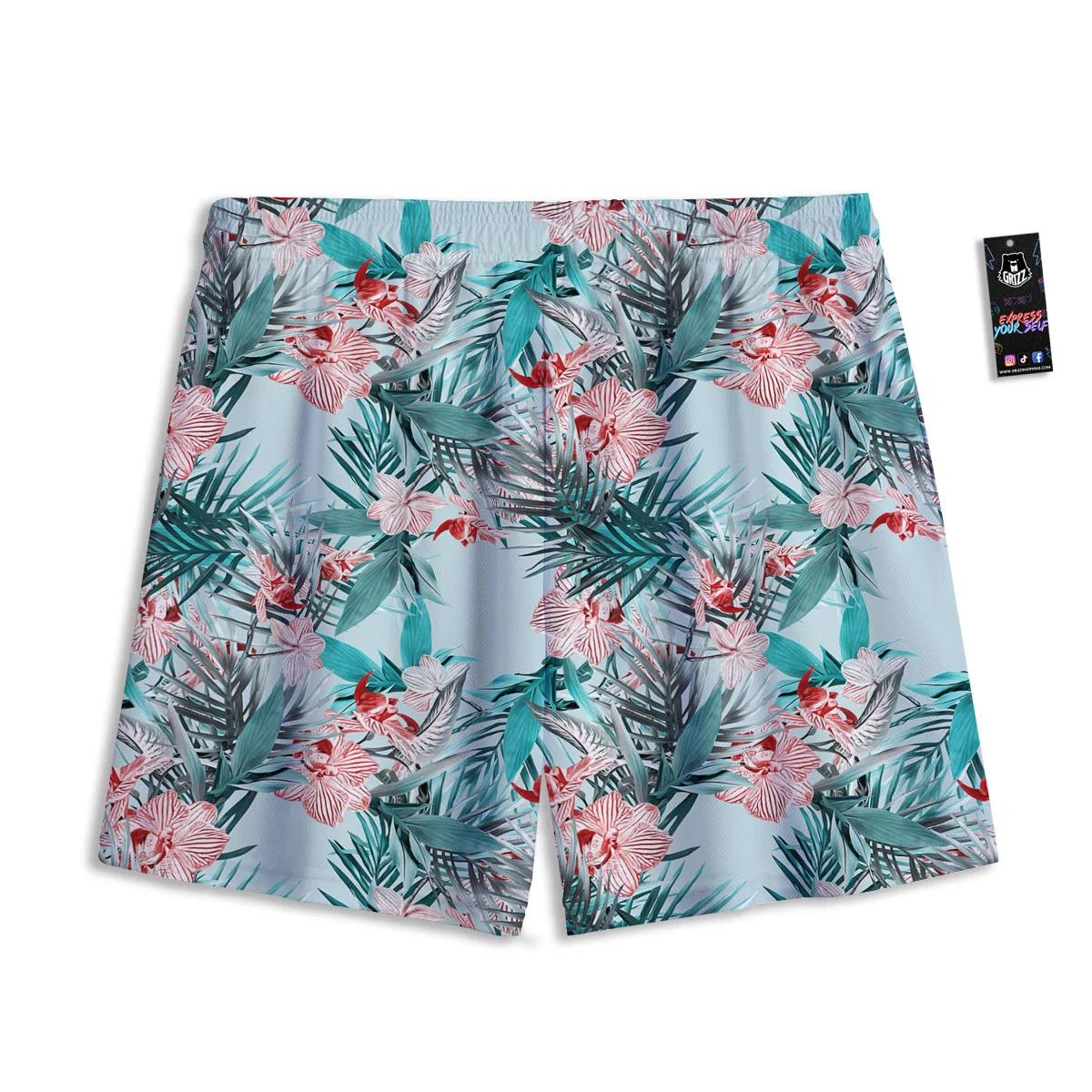 Tropical Floral Pink And Teal Print Pattern Mesh Shorts - Image 2