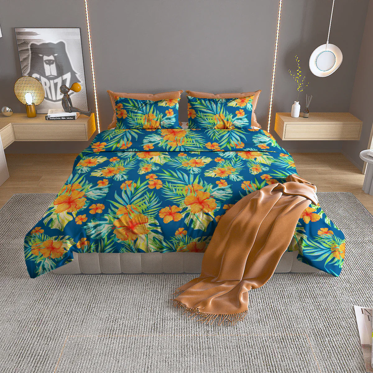 Tropical Hawaiian Blue Orange Print Pattern Duvet Cover Bedding Set