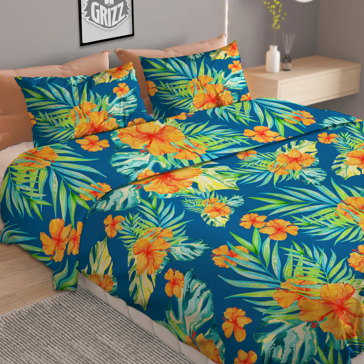 Tropical Hawaiian Blue Orange Print Pattern Duvet Cover Bedding Set - Image 2