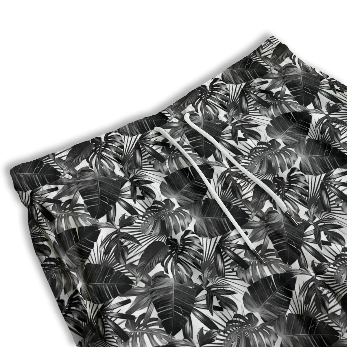 Tropical Leaf Black White Print Pattern Men's Athletic Shorts - Image 3