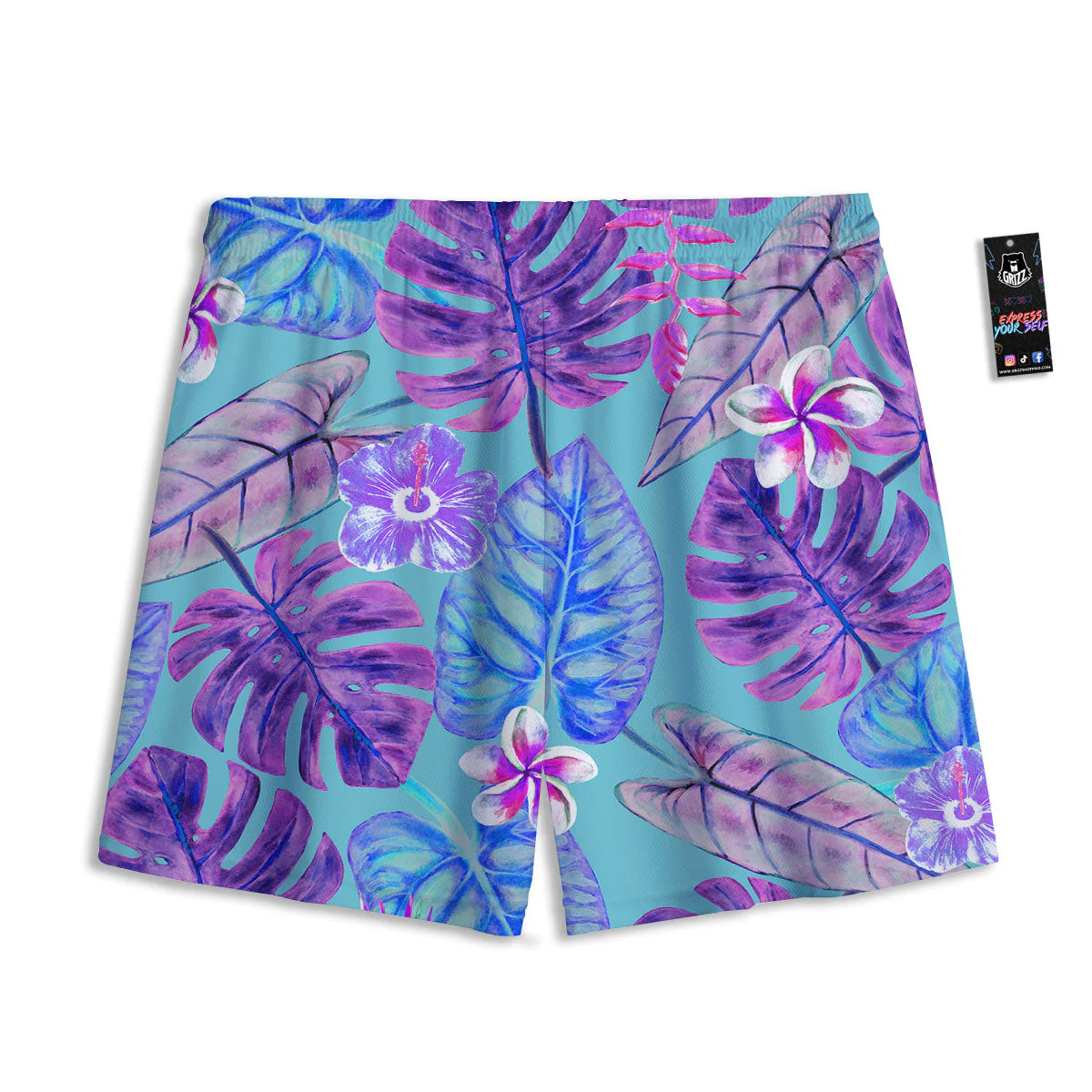 Tropical Leaf Teal And Purple Print Mesh Shorts - Image 2
