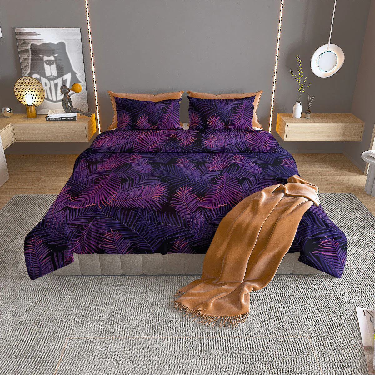Tropical Leaves Violet Print Pattern Duvet Cover Bedding Set