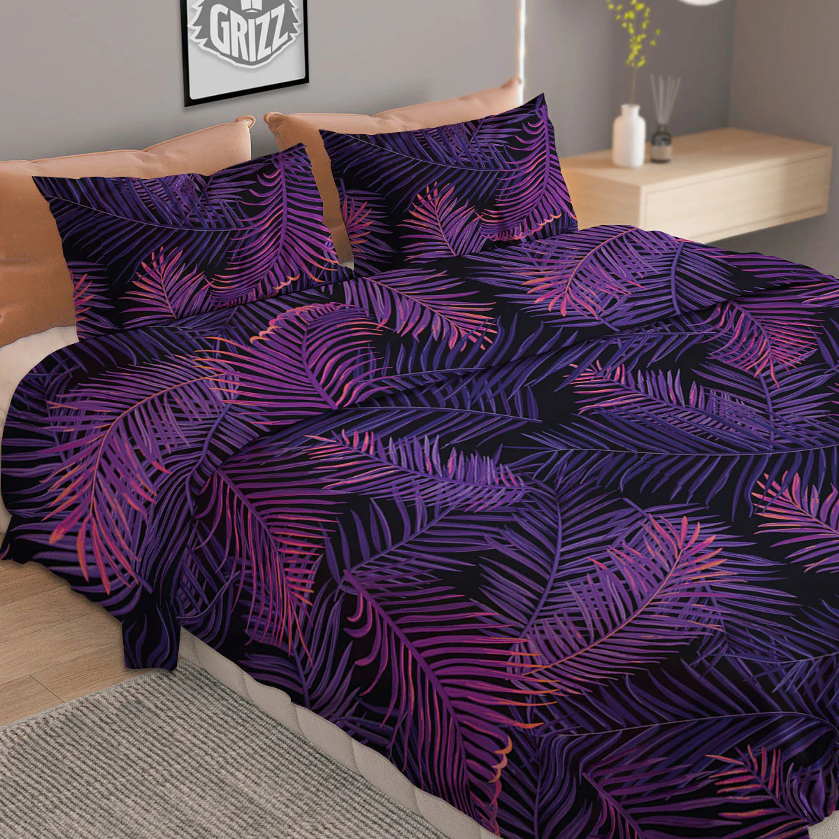 Tropical Leaves Violet Print Pattern Duvet Cover Bedding Set - Image 2