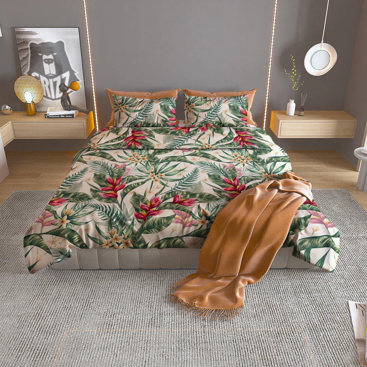Tropical Leaves Watercolor Print Pattern Duvet Cover Bedding Set