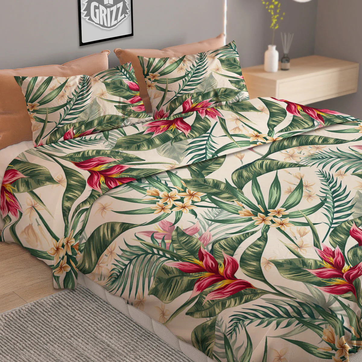 Tropical Leaves Watercolor Print Pattern Duvet Cover Bedding Set - Image 2