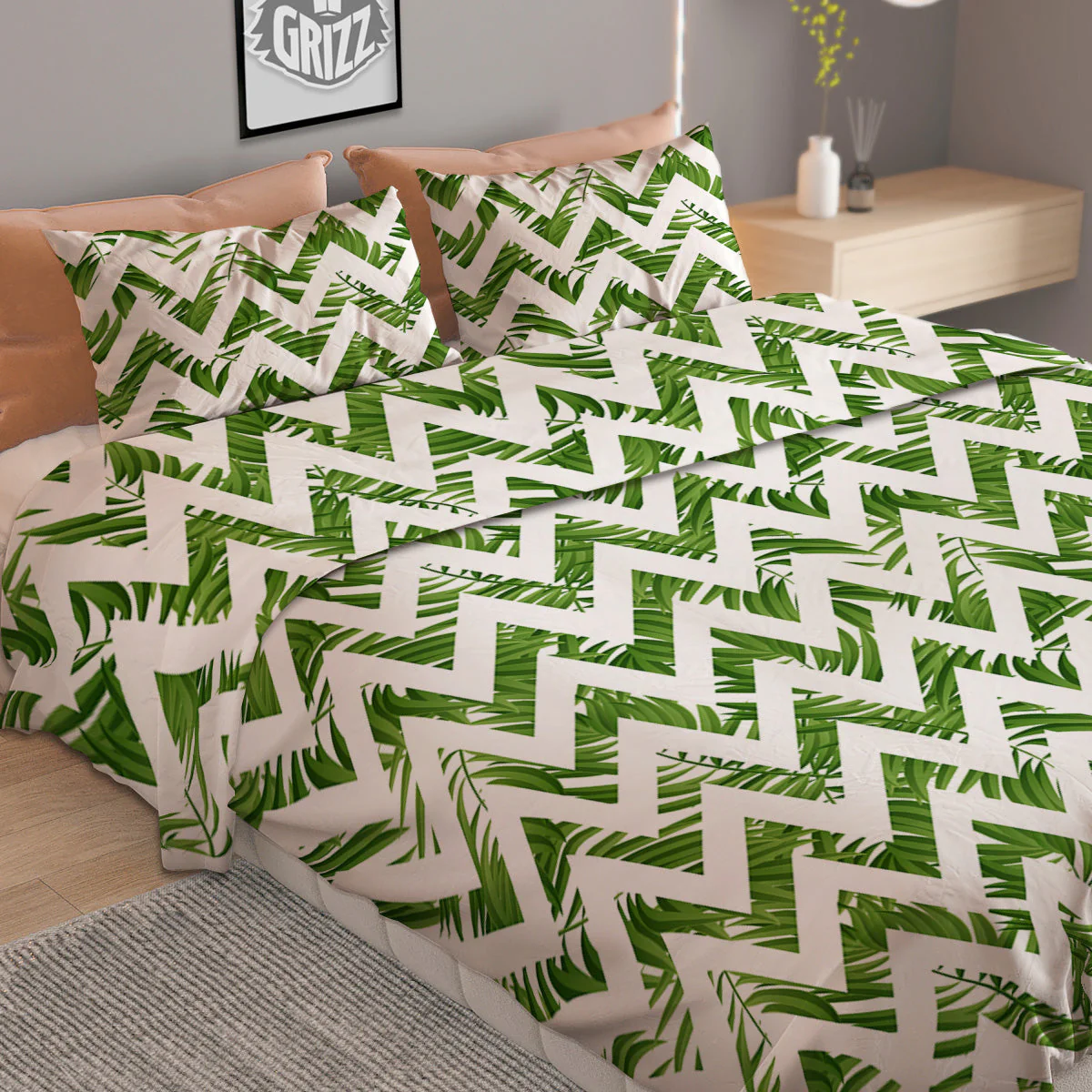 Tropical Palm Leaves Tropical Zigzag Print Pattern Duvet Cover Bedding Set - Image 2