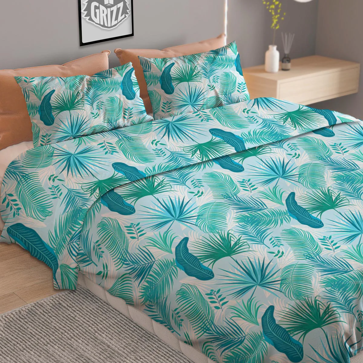 Tropical Teal Aloha Print Pattern Duvet Cover Bedding Set - Image 2