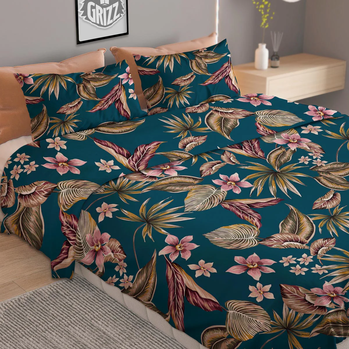 Tropical Teal Print Pattern Duvet Cover Bedding Set - Image 2