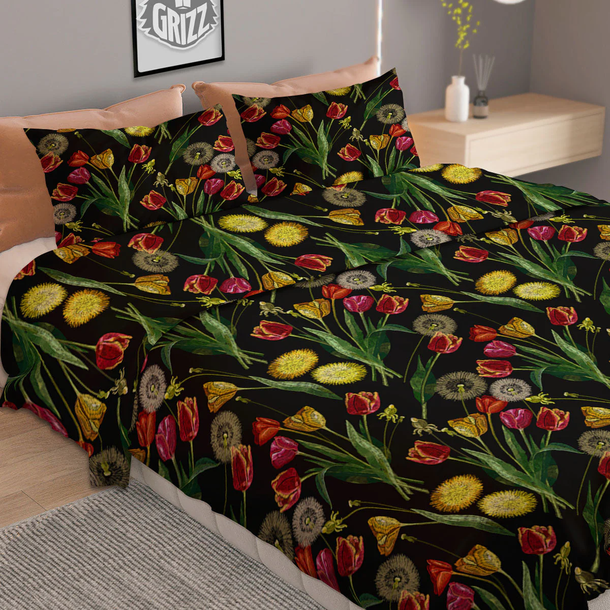 Tulip Embroidery Print Pattern Duvet Cover Bedding Set - Image 2
