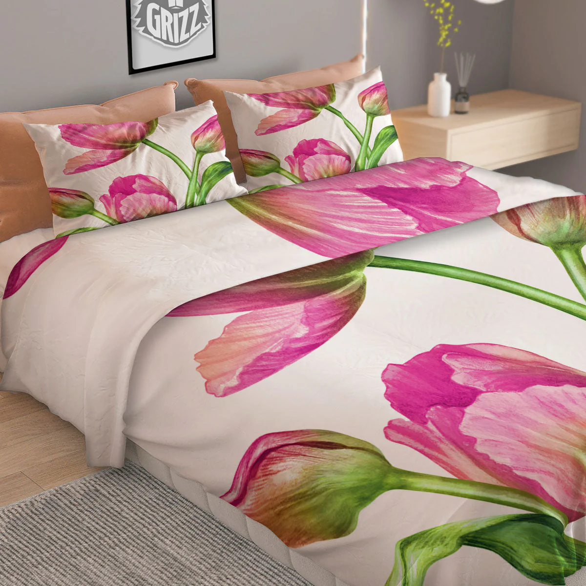 Tulip Flower Pink Watercolor Print Duvet Cover Bedding Set - Image 2