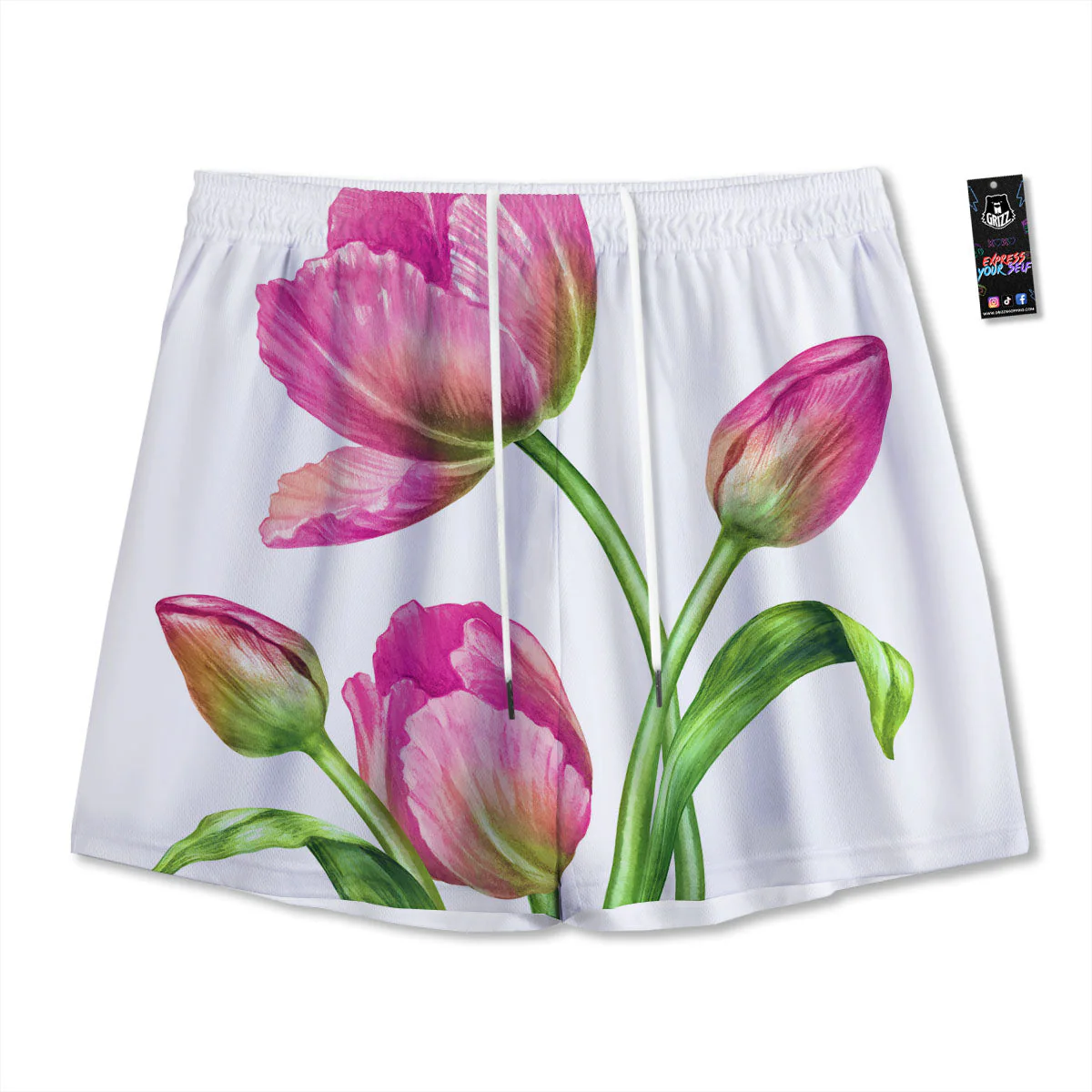 Tulip Flower Pink Watercolor Print Mesh Shorts