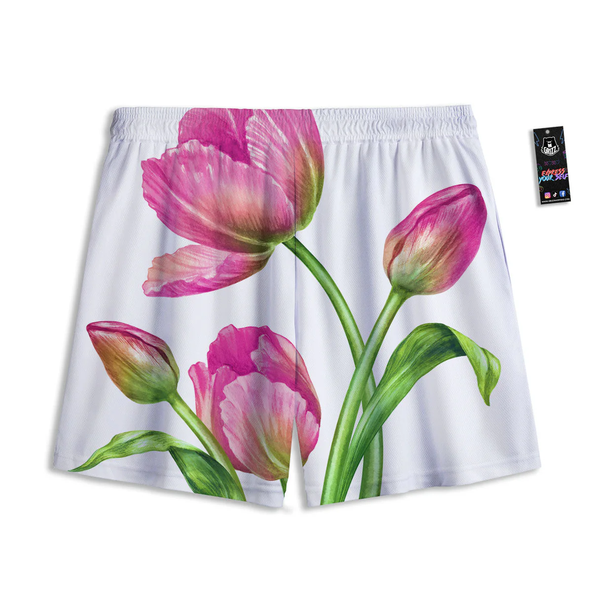 Tulip Flower Pink Watercolor Print Mesh Shorts - Image 2