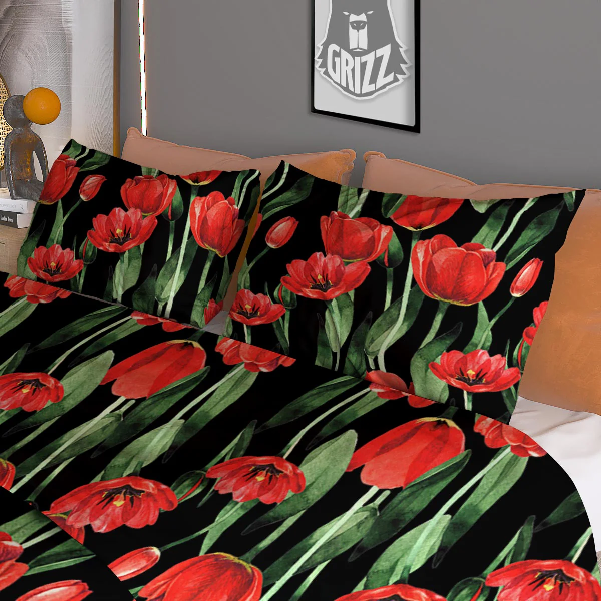 Tulip Red Watercolor Print Pattern Duvet Cover Bedding Set - Image 3