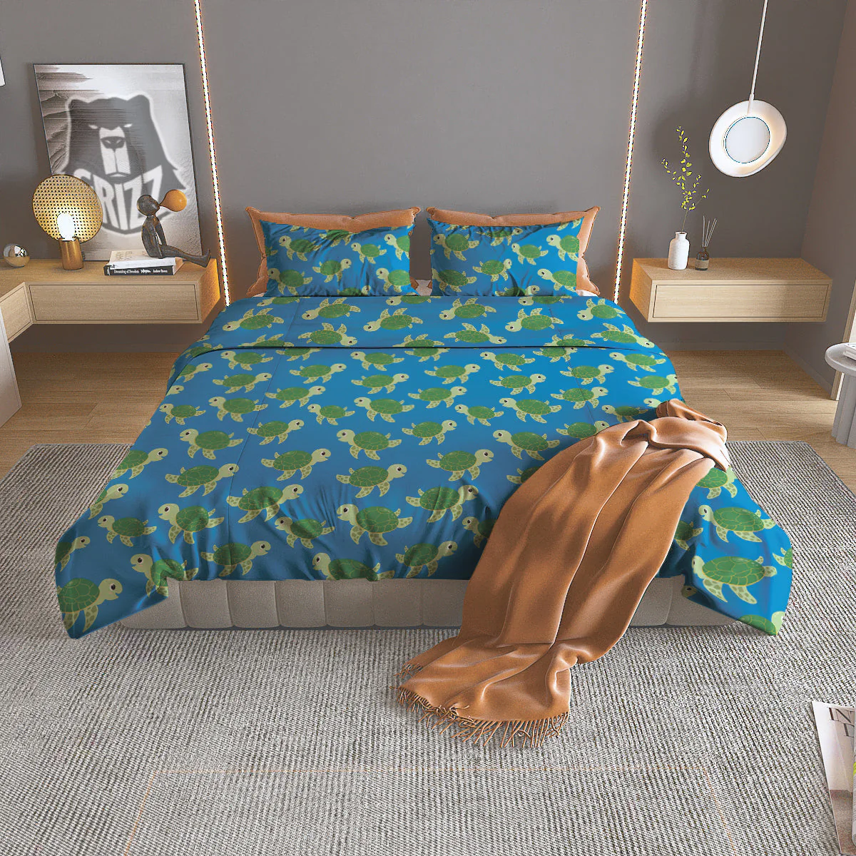 Turtle Cartoon Print Pattern Duvet Cover Bedding Set