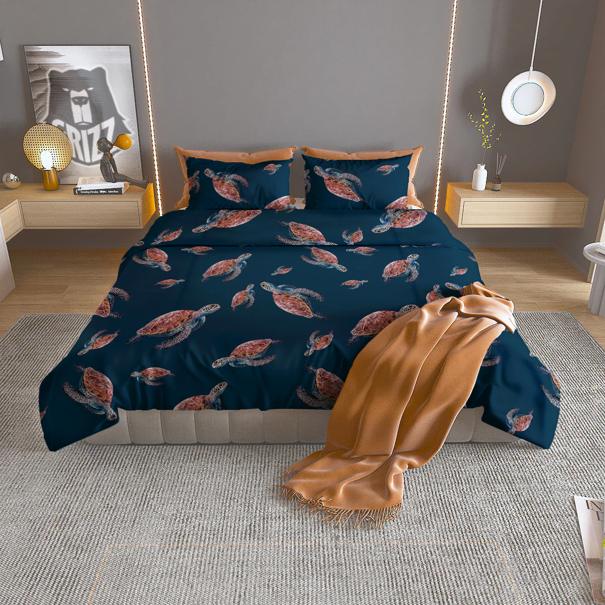 Turtle Watercolor Print Pattern Duvet Cover Bedding Set