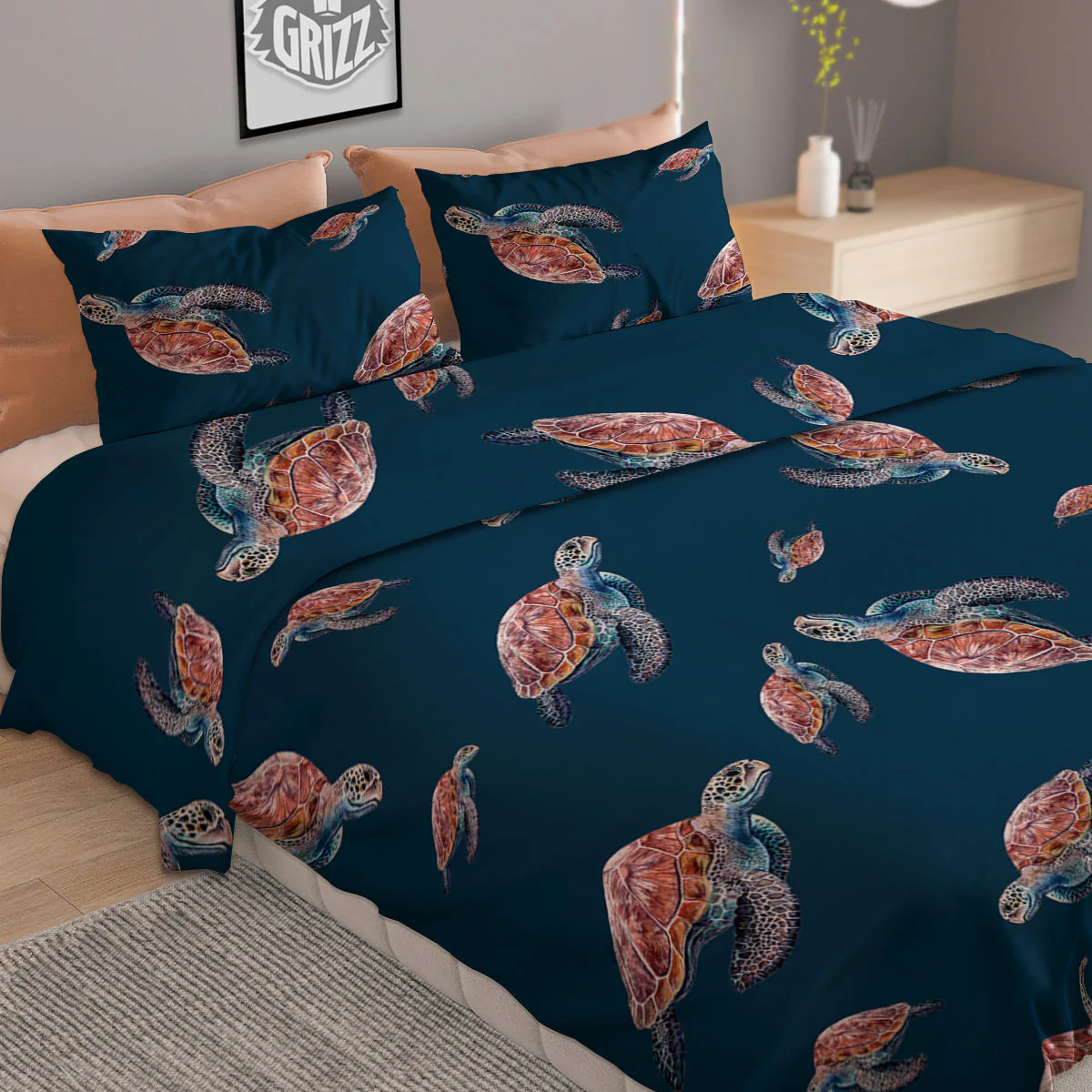 Turtle Watercolor Print Pattern Duvet Cover Bedding Set - Image 2