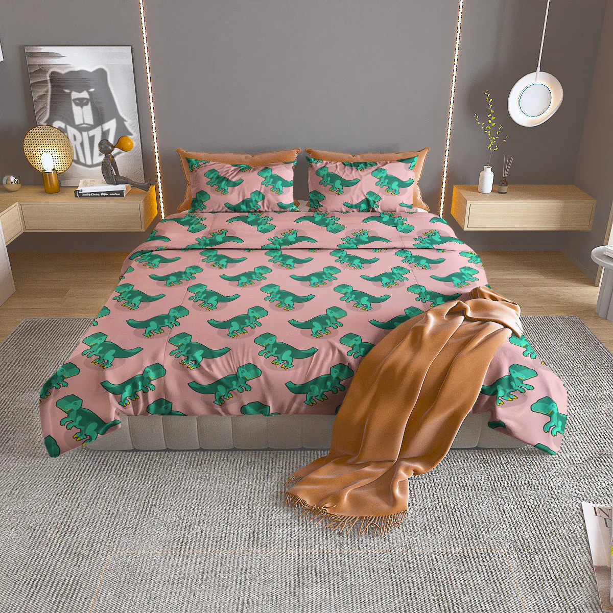 Tyrannosaurus Isometric Print Pattern Duvet Cover Bedding Set