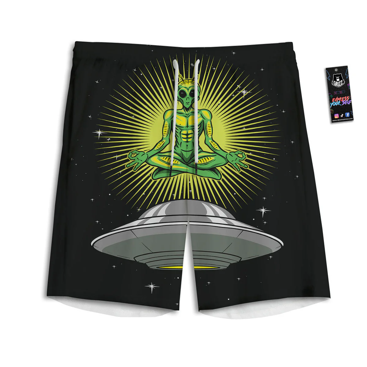 UFO Space Green Alien Print Men's Athletic Shorts