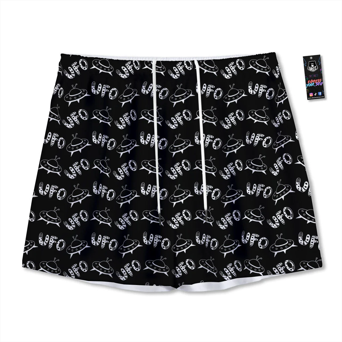 UFO White And Black Print Pattern Mesh Shorts