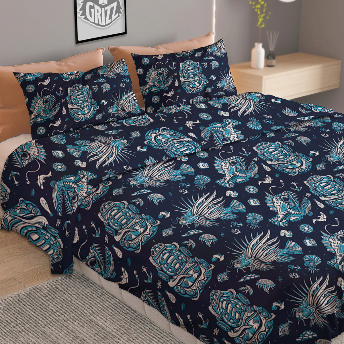 Underwater Blue Tattoo Print Pattern Duvet Cover Bedding Set - Image 2