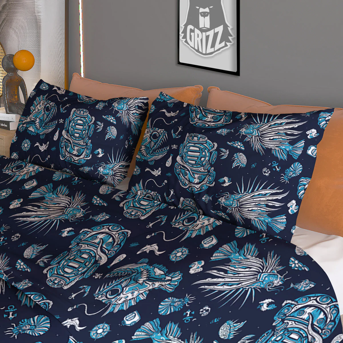 Underwater Blue Tattoo Print Pattern Duvet Cover Bedding Set - Image 3