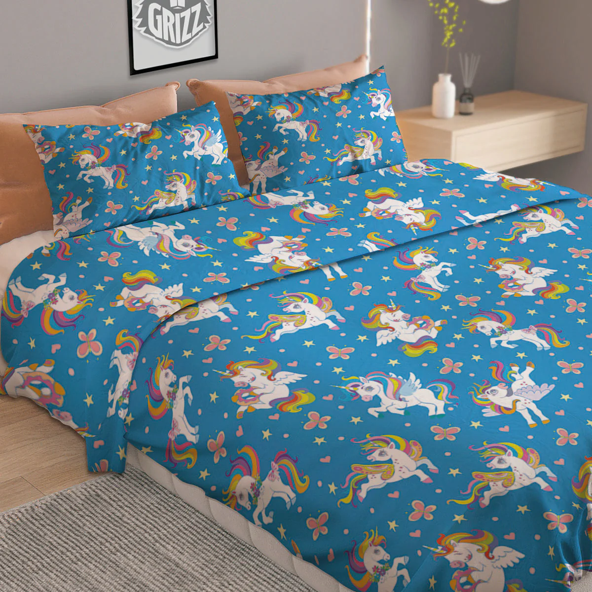 Unicorn Blue Rainbow Print Pattern Duvet Cover Bedding Set - Image 2