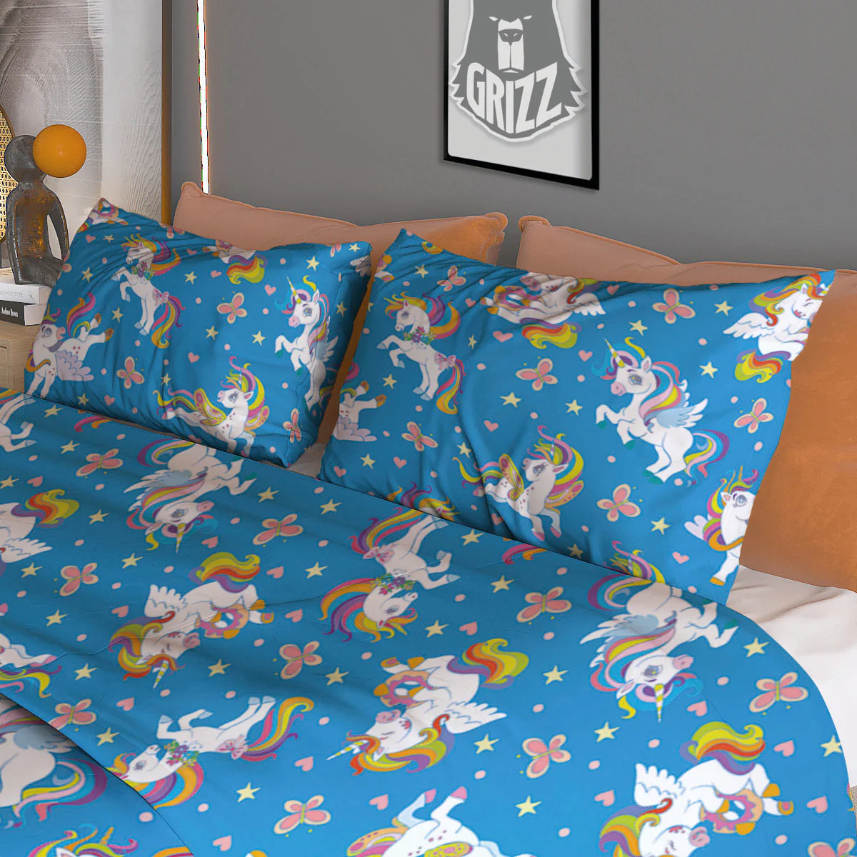 Unicorn Blue Rainbow Print Pattern Duvet Cover Bedding Set - Image 3
