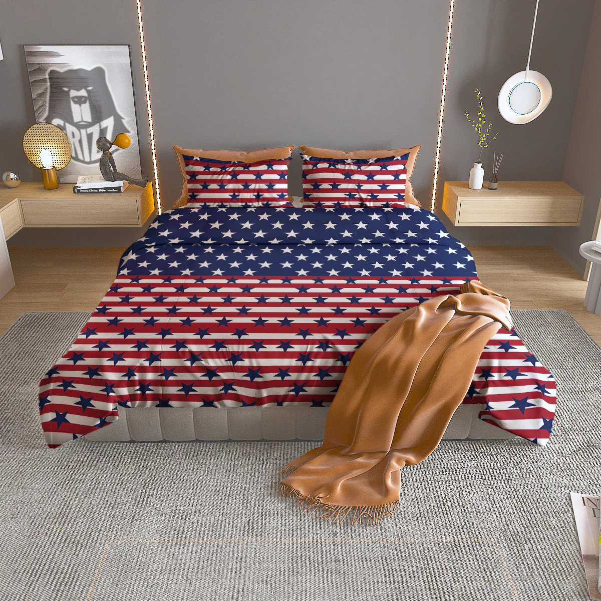 USA Blue And White Star Print Pattern Duvet Cover Bedding Set